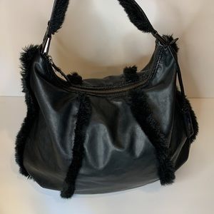 Kenneth Cole Black Faux Fur Trim Hobo Bag
